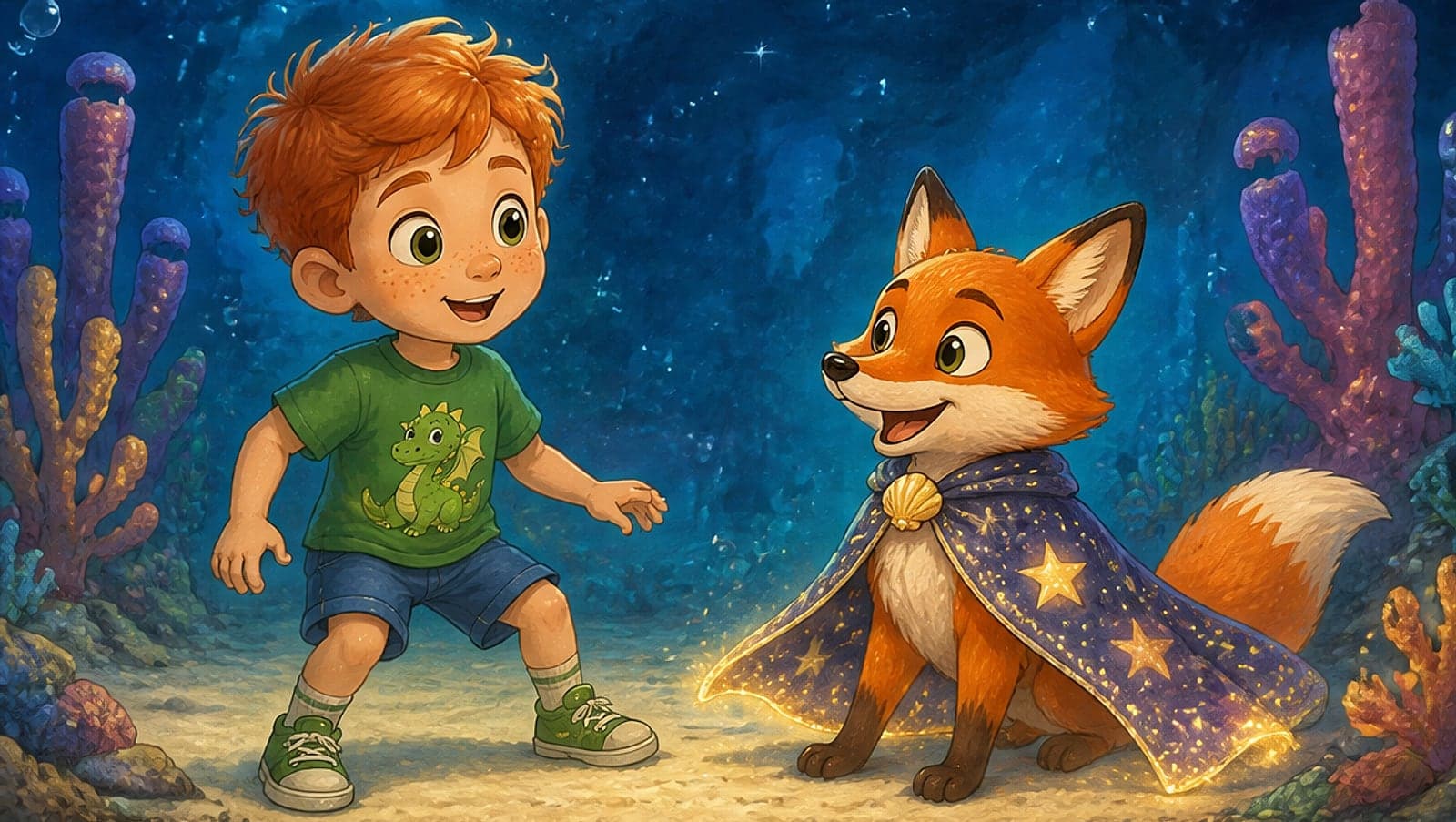 Leo meets a fox in a starlit coral kingdom