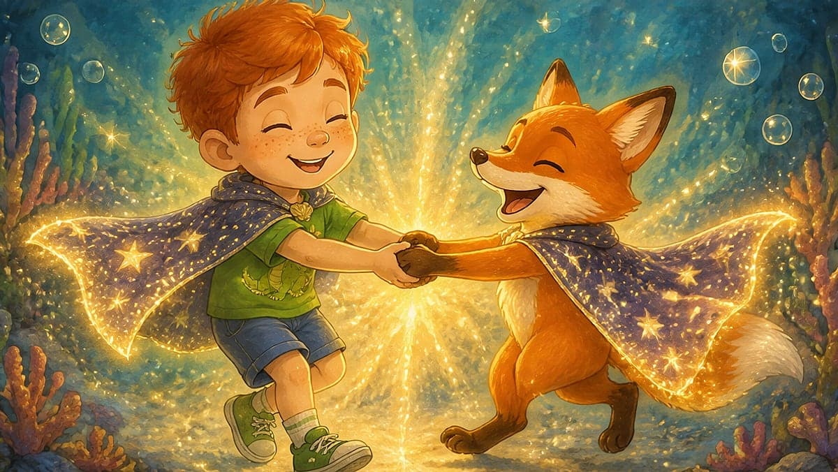Leo and the fox dancing under a burst of golden light
