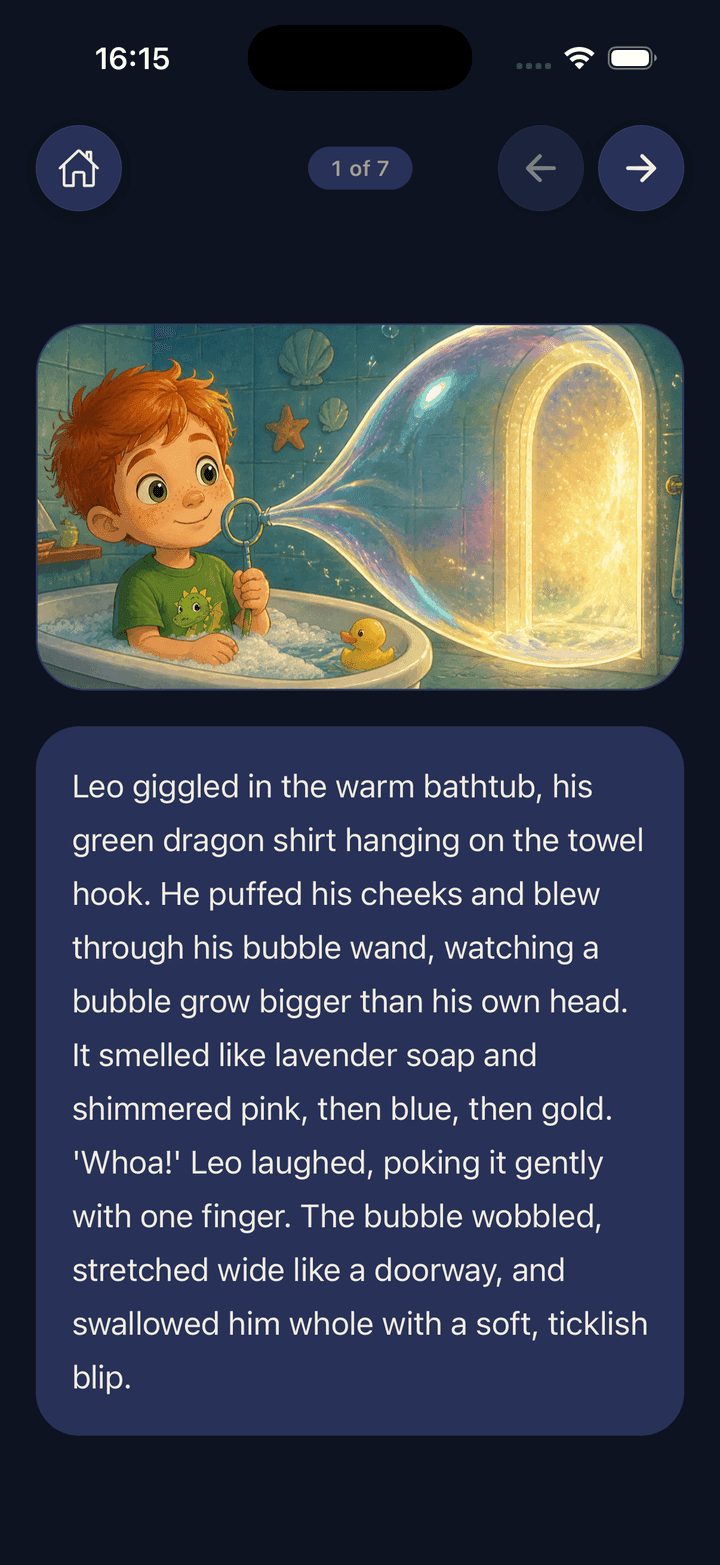 A story page: an illustration of Leo above the text
